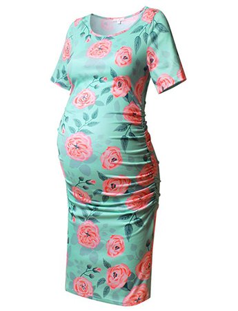Maternity Floral Print Dress Short Sleeve Bodycon Ruched Side Knee Length Dress Beige Rose M at Amazon Women’s Clothing store: