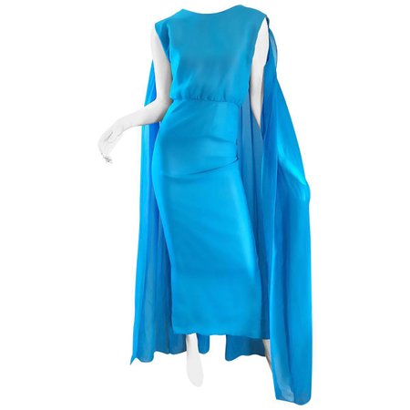 Incredible 1960s Turquoise Blue Chiffon Rhinestone Encrusted Vintage Cape Gown