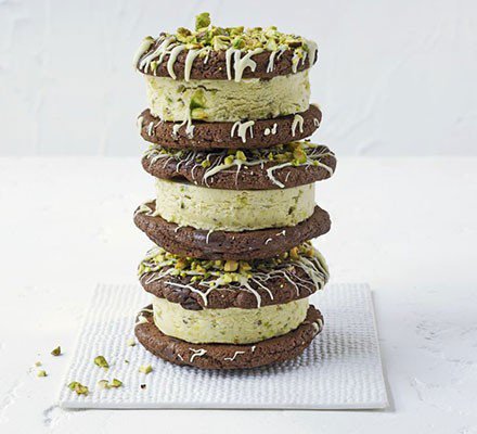 Double choc & pistachio ice cream sandwiches recipe | BBC Good Food