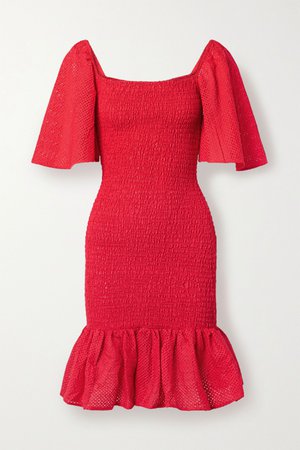 Red Smocked perforated cotton mini dress | Marysia | NET-A-PORTER