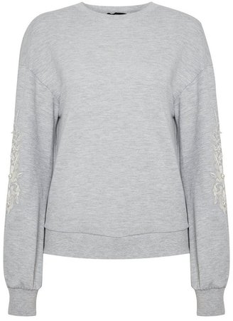 Grey Embroidered Sleeve Sweatshirt