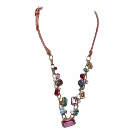 MIU MIU Vintage multicolor rhinstone crystal jewel red leather necklace For Sale at 1stDibs