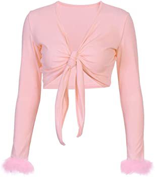 Women's Sexy Long Sleeve Tie Up Crop Top Feather Trim Deep V Neck Basic Tight Shirt Faux Fur Blouse, Pink, Large at Amazon Women’s Clothing store