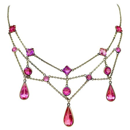 Early 1900s Gold-Filled and Pink Faceted Glass Festoon Necklace For Sale at 1stdibs