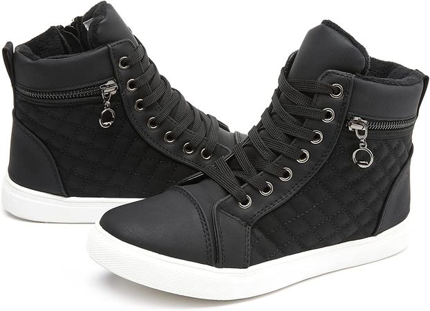 Amazon.com | Women's High top Sneakers Lace up PU Leather Fashion Shoes Black Boots Fuzzy Ankle Booties with Zipper（Red.US9） | Ankle & Bootie