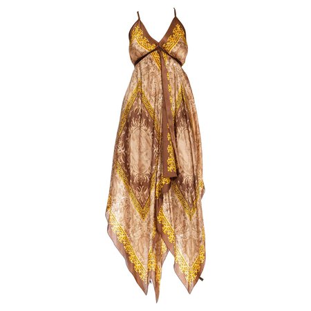 1970S Brown and Gold Silk Satin Medallion Print Scarf Dress