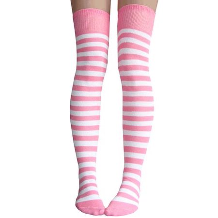 Pink/White Striped Thigh High Socks