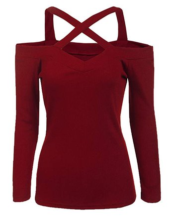 Wine-Red Criss-Cross Cold-Shoulder Shirt