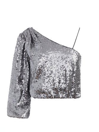 Lucinda Sequin Asymmetrical Top In Silver/gunmetal | Alice And Olivia