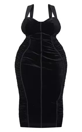 Plus Black Velvet Ruched Side Cup Midi Dress | PrettyLittleThing