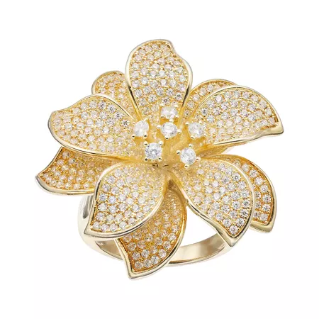 18k Gold Over Silver Cubic Zirconia Flower Ring