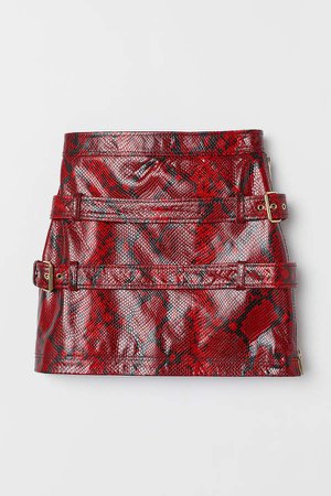 Snakeskin-look Leather Skirt - Red