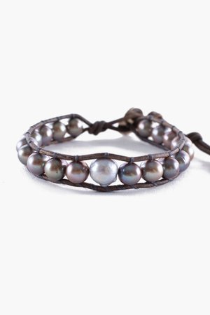 Taupe Pearl Bracelet On Natural Grey Leather - Chan Luu