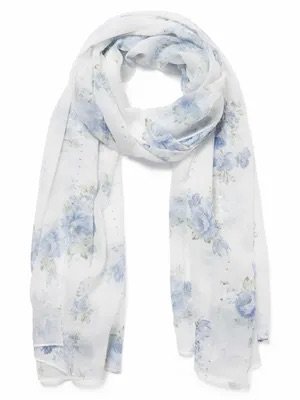 white and blue floral shawl