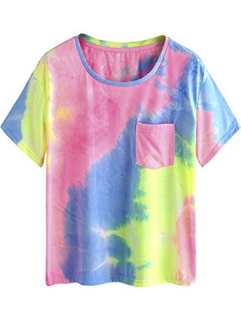 Amazon.com: Romwe Short Sleeve Round Neck Tie Dye Pocket T-Shirt Tee Multicolor XS: Clothing