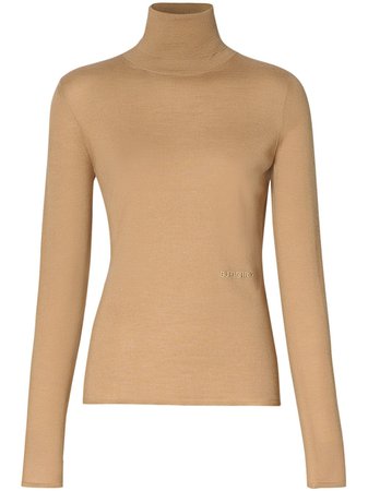 Brown Burberry Embroidered Logo Roll Neck Jumper For Women | Farfetch.com