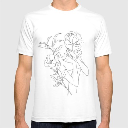 Minimal Line Art Woman with Peonies T-shirt by nadja1 | Society6