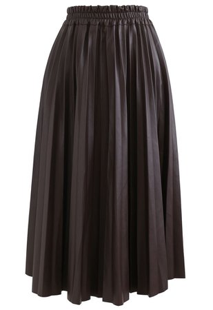 Faux Leather Pleated A-Line Midi Skirt in Brown - Retro, Indie and Unique Fashion