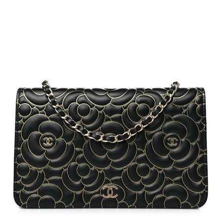 CHANEL Lambskin Camellia Embossed Wallet On Chain WOC Black Gold 1353192 | FASHIONPHILE