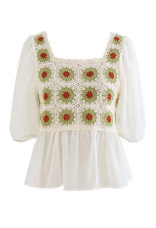 Boho Green Floral Crochet Spliced Top - Retro, Indie and Unique Fashion