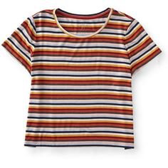 Aeropostale Prince & Fox Multi Stripe Cropped Marine Tee ($11) ❤ liked on Polyvore featuring tops, t-shirts, island flower, fox tees, flower crop top, stripe tee, crop t shirt and crop top