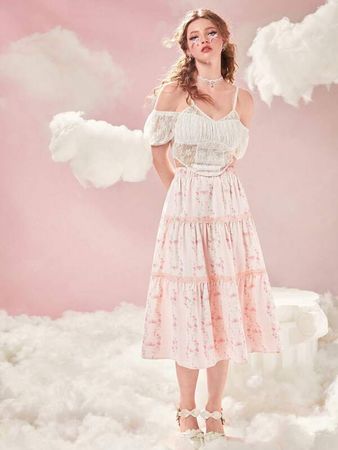 Kawaii Floral Print Contrast Lace Ruffle Hem Skirt | SHEIN USA