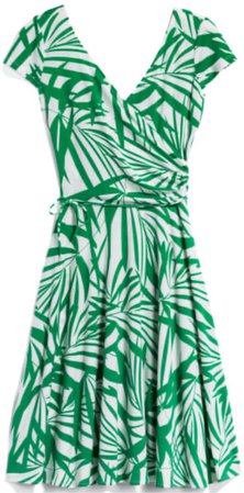 green and white palm print dress