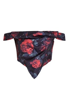 Dark Red Roses Print Corset Bardot Top