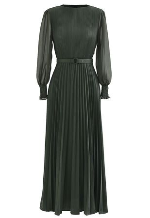 Full Pleated Belted Maxi Dress in Dark Green - Retro, Indie and Unique Fashion