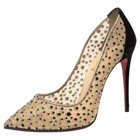 Christian Louboutin Beige/Black Mesh and Suede Follies Lace Pumps 38 For Sale at 1stDibs