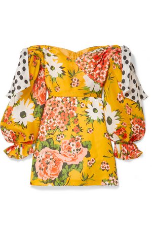 Floral-print knotted off-the-shoulder printed silk-organza mini dress - flower shower hyuna