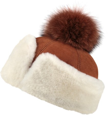 Shearling Sheepskin Hat with Fox Pom Pom Cognac - Zavelio | Genuine Sheepskin