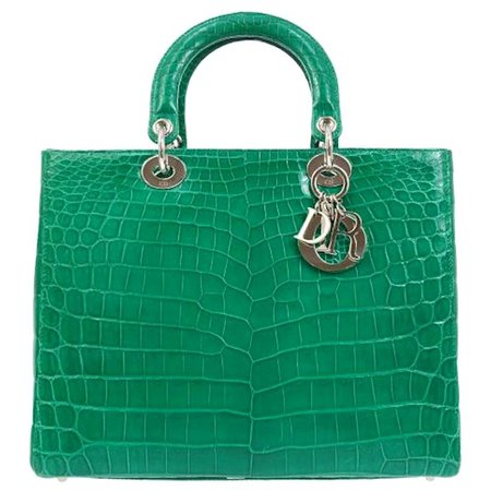 Christian Dior Green Crocodile Exotic Silver Charm Top Handle Satchel Tote Bag For Sale at 1stdibs