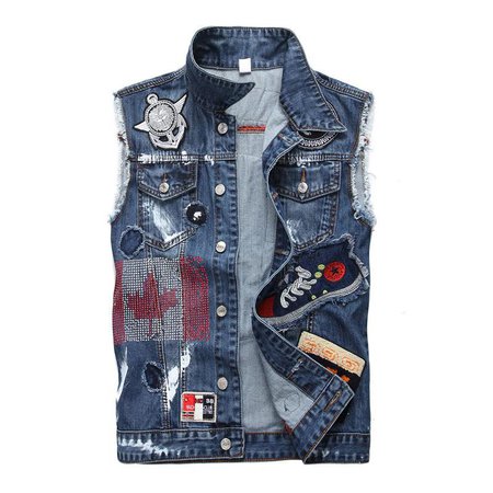 2019 Jean Vest Jacket Mens Slim Fit Rock Hip Hop Streetwear Men Vest Denim Jackets Patch Badges Scratched