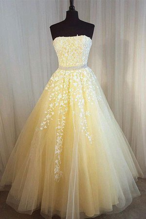 Elegant A-Line Strapless Yellow Beaded Tulle Long Prom Dress with Appliques on Storenvy