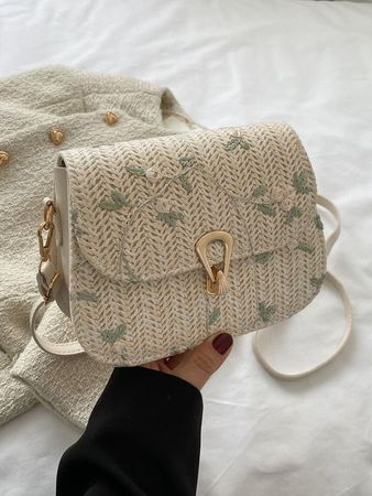 Floral Embroidery Straw Saddle Bag, Mini Woven Crossbody Bag, Women's Buckle Decor Flap Purse (7.67 X 5.51 X 2.95) Inch | SHEIN