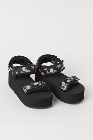 Platform Sandals - Black floral light pink - Ladies | H&M US