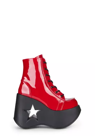 Demonia Cut Out Star Wedge Platform Boots - Red Patent – Dolls Kill