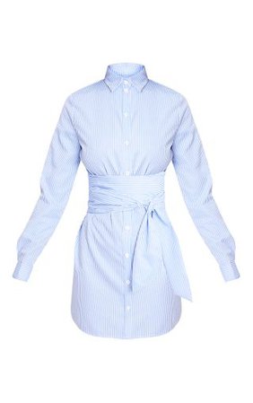 Blue Pinstripe Tie Waist Shirt Dress | PrettyLittleThing
