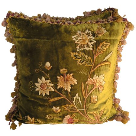 Antique Silk Velvet Embroidered Pillows, Pair For Sale at 1stdibs