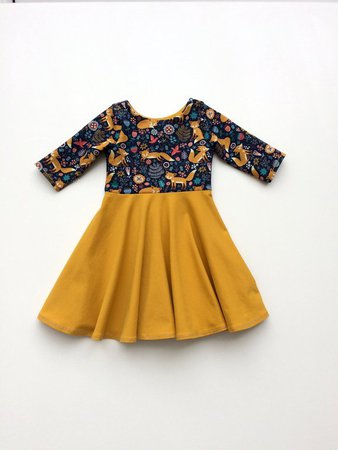 Fall twirl dress mustard navy girls dress toddler dress | Etsy