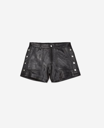 Black leather shorts with silver-tone buttons | The Kooples