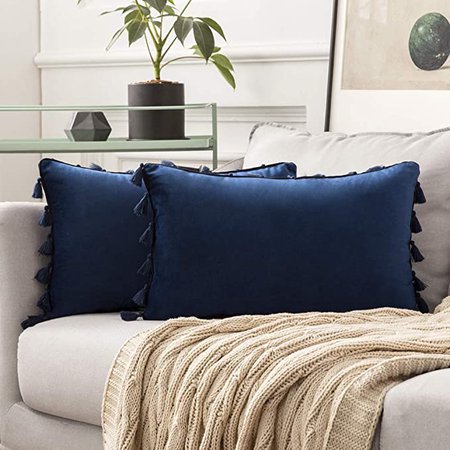 Amazon.com: MIULEE Pack of 2 Velvet Soft Solid Decorative Throw Pillow Cover with Tassels Fringe Boho Accent Cushion Case for Couch Sofa Bed 20 x 20 Inch Navy Blue: Home & Kitchen