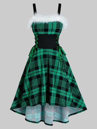 2020 Plaid Print Lace-up Sleeveless High Low Christmas Dress In DEEP GREEN | DressLily