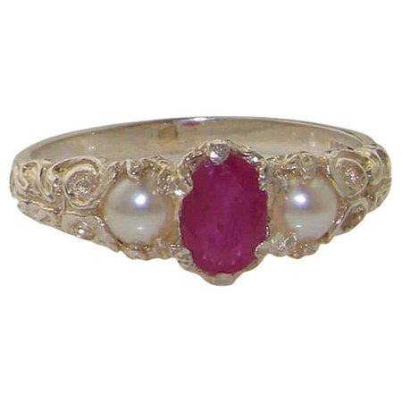 Customizable 9K White Gold Natural Ruby and Pearl Victorian Trilogy Band Ring For Sale at 1stDibs