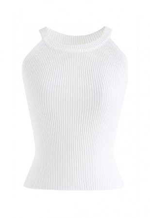 Fitted Ribbed Knit Halter Tank Top in White - TOPS - Retro, Indie and Unique Fashion