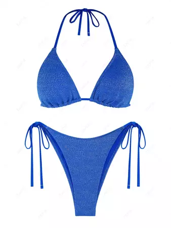 Tie Side Sparkly Metallic Thread Triangle Bikini Swimwear In BLUE | ZAFUL 2024