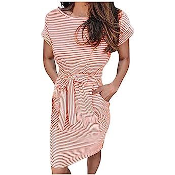 MEROKEETY Women's Summer Striped Short Sleeve T Shirt Dress Casual Tie Waist Midi Dress, SolidBlack, M at Amazon Women’s Clothing store