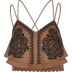 Vintage women crop top brown and lace