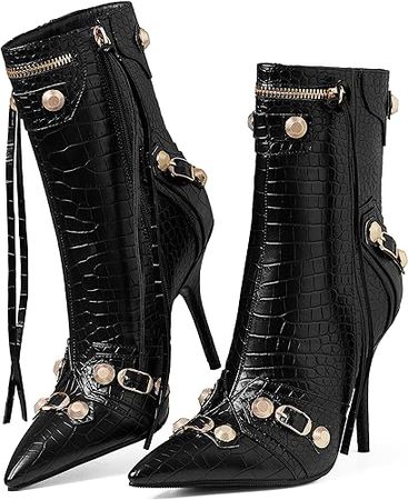 Amazon.com | Synchoiss Knee High Boots for Women Stilettos High Heels Sexy Pointed Toe Zip Rivets Stone Pattern Tassels Party Dressy Booties for Ladies | Knee-High